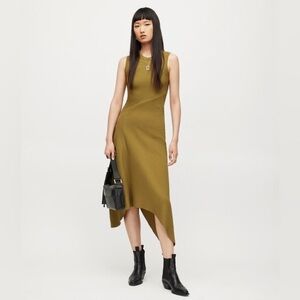 AllSaints Gia Dress – Size 12 – Dark Green – Asymmetrical Ribbed Midi